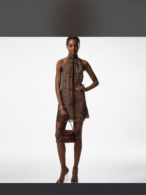 Leopard Print Halter Mini Dress - Brown